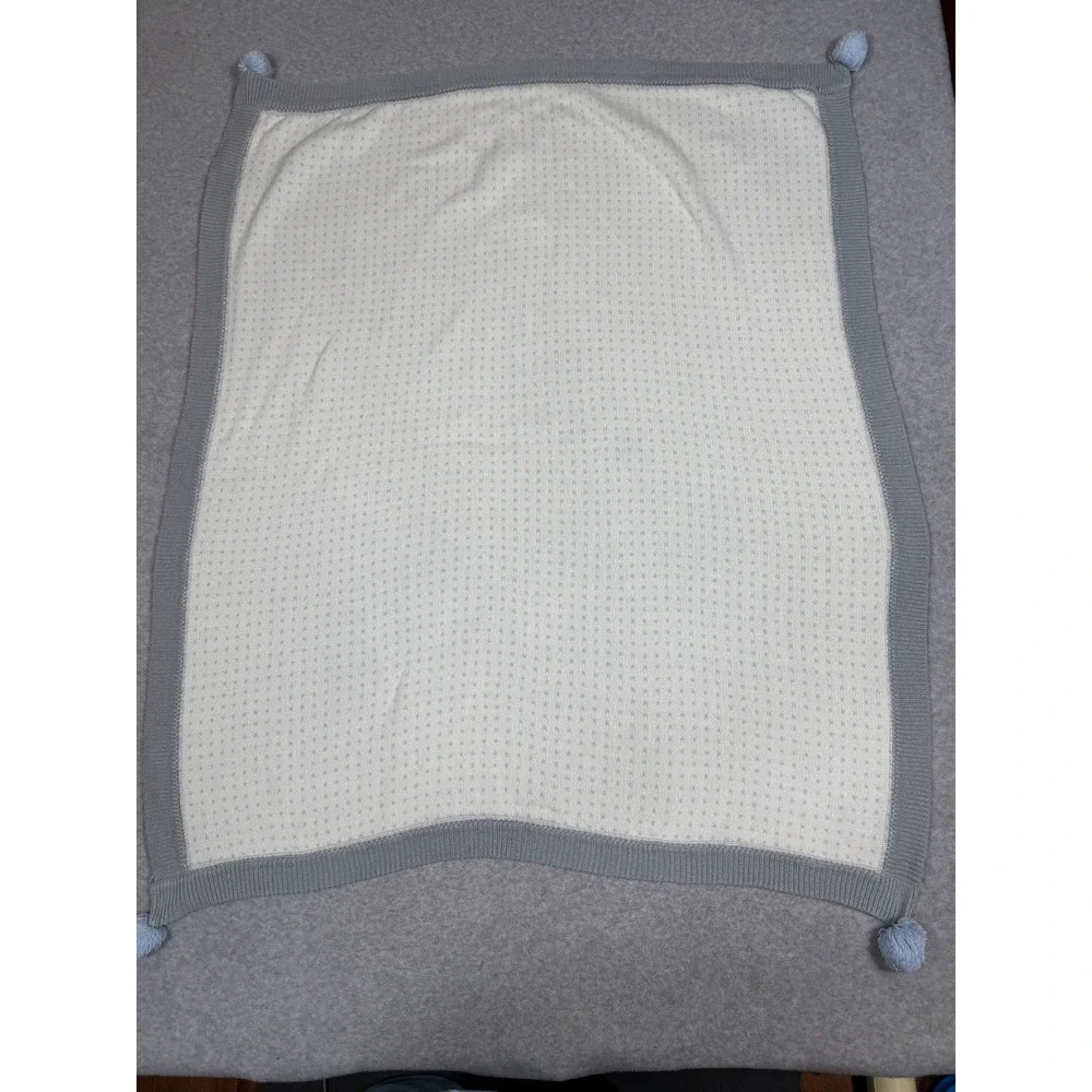 Pottery Barn Kids Blue White Knit Heart Pom Pom Baby Blanket 30x40 Cotton Blend